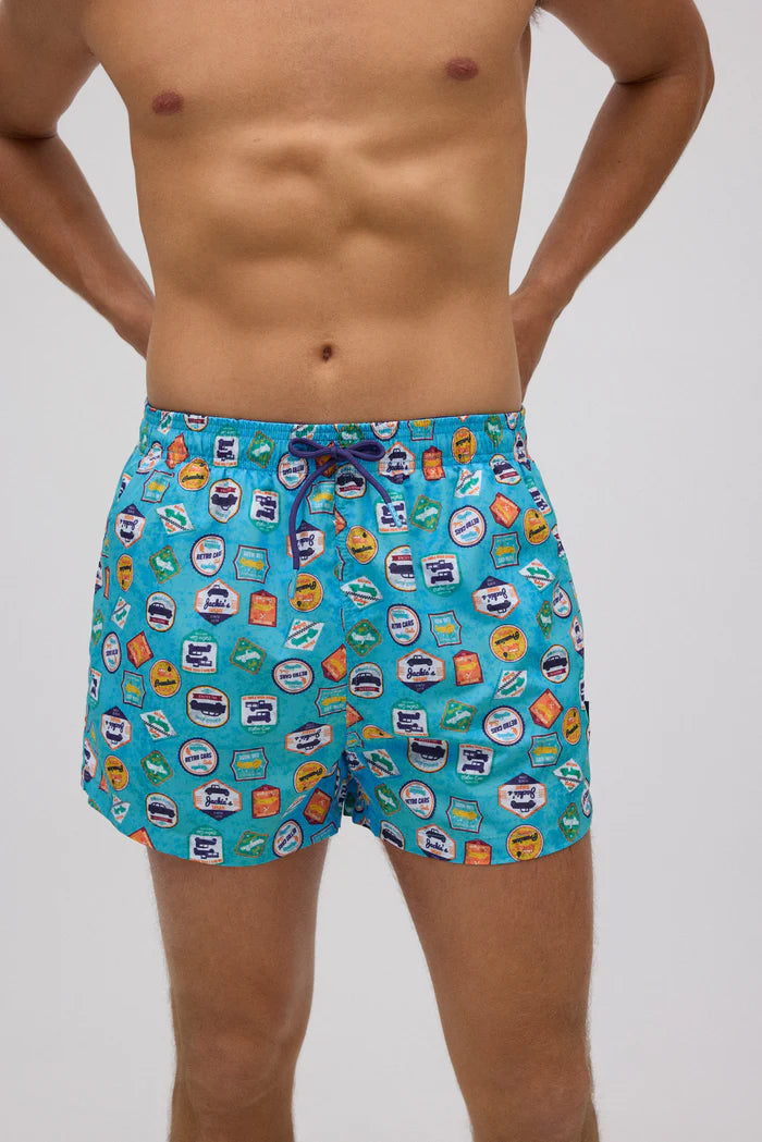 Lightweight short swim trunks with retro car print