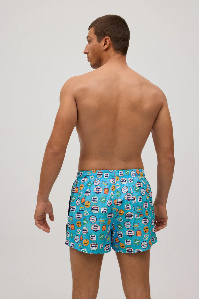 Lightweight short swim trunks with retro car print