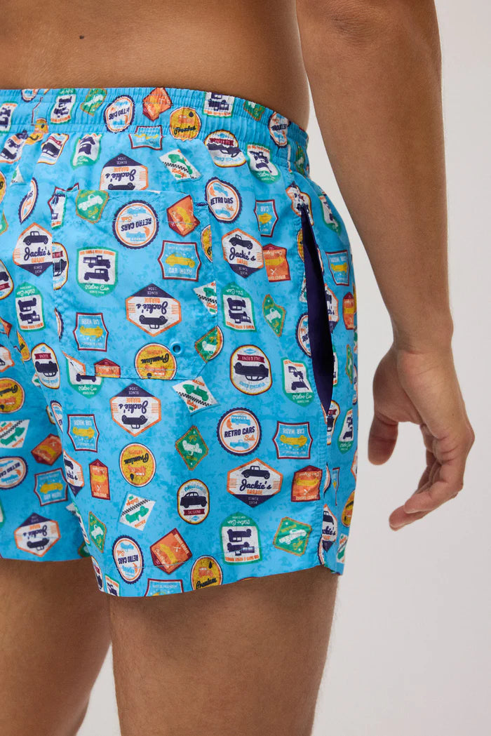 Lightweight short swim trunks with retro car print