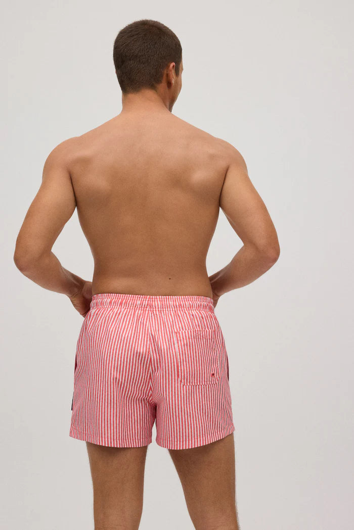 Green striped short swim trunks