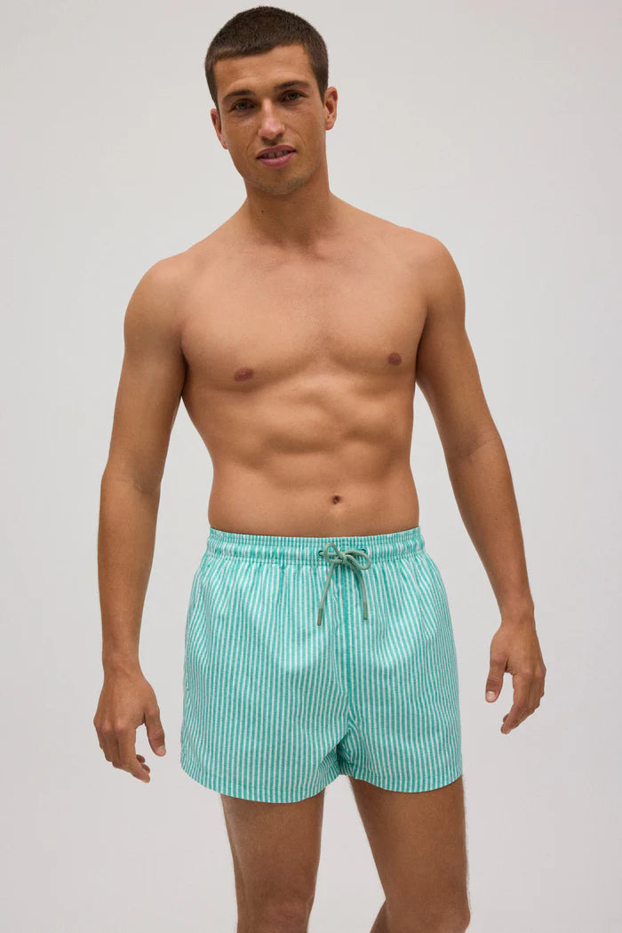 Green striped short swim trunks