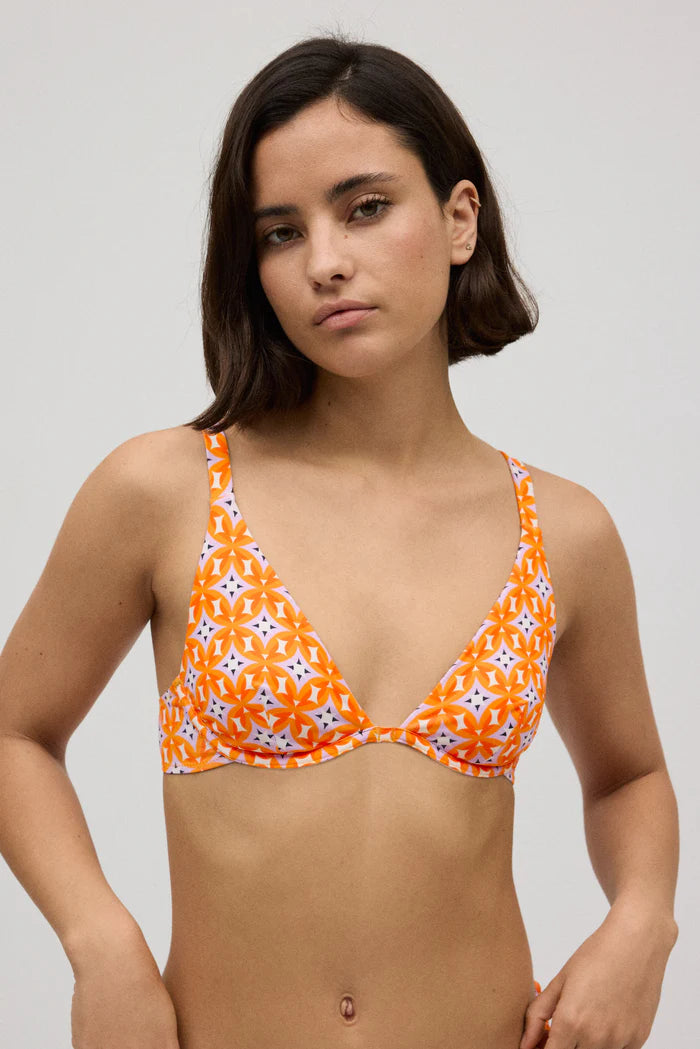 Unpadded triangle bikini top with geometric print