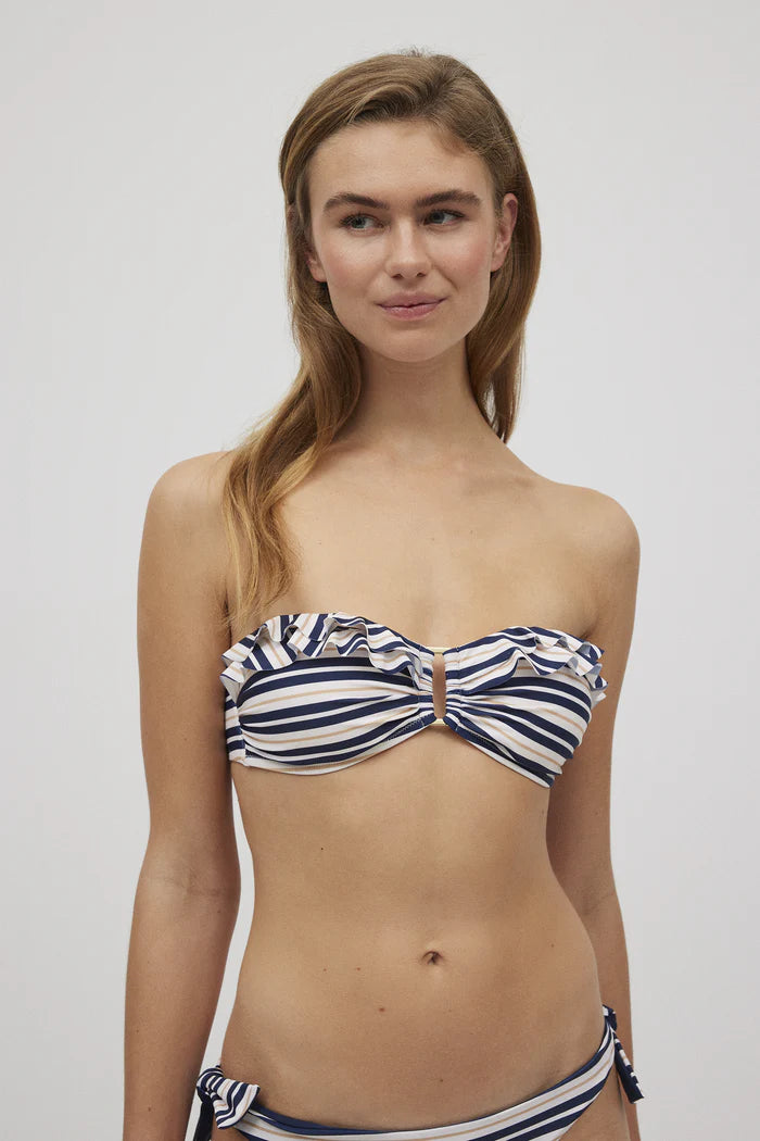 Navy blue striped ruffle bandeau bikini top