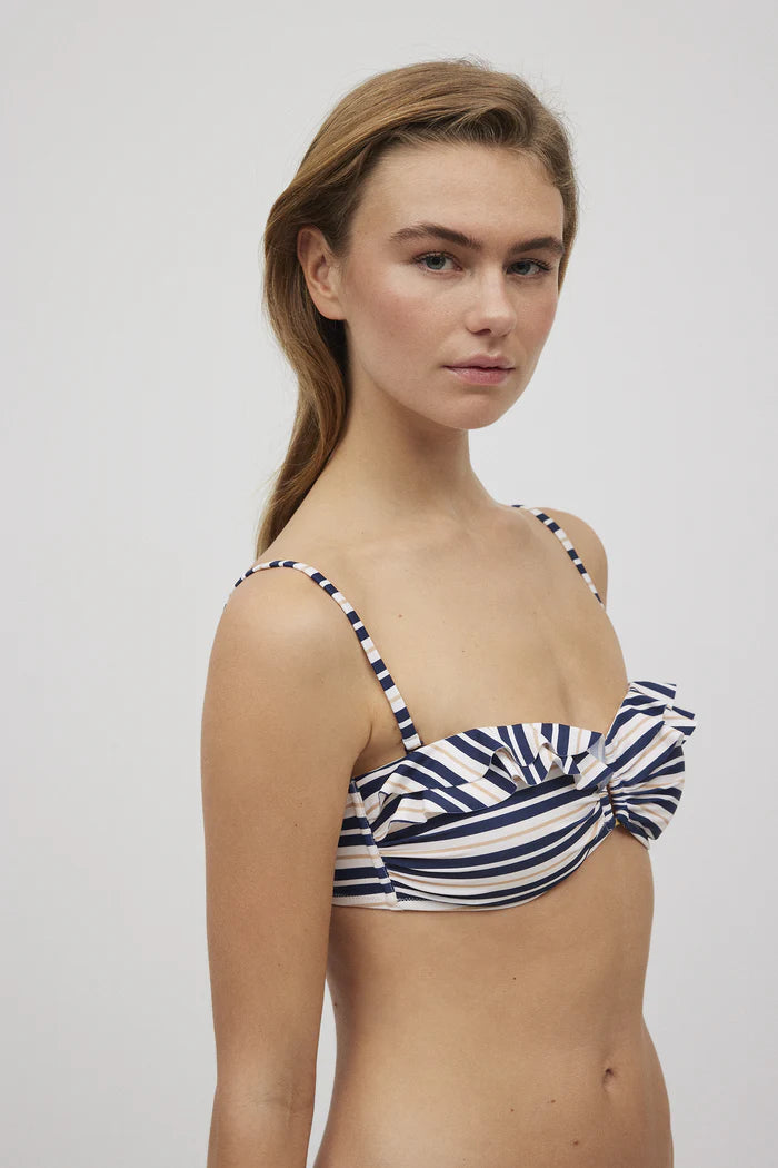 Navy blue striped ruffle bandeau bikini top