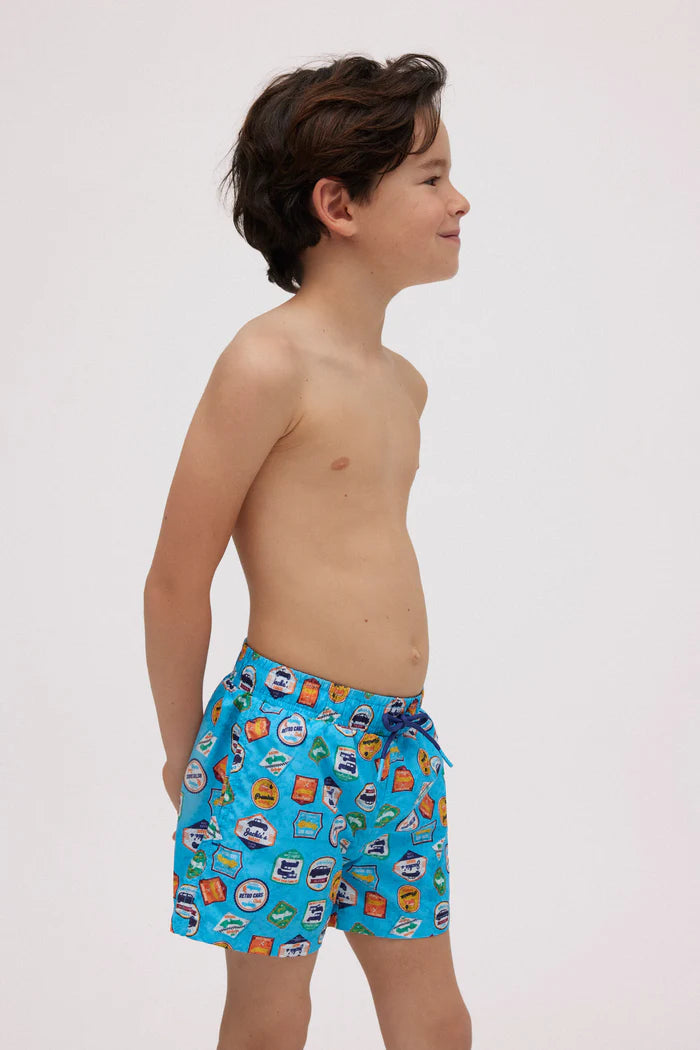 Boys' short swim trunks with retro car print