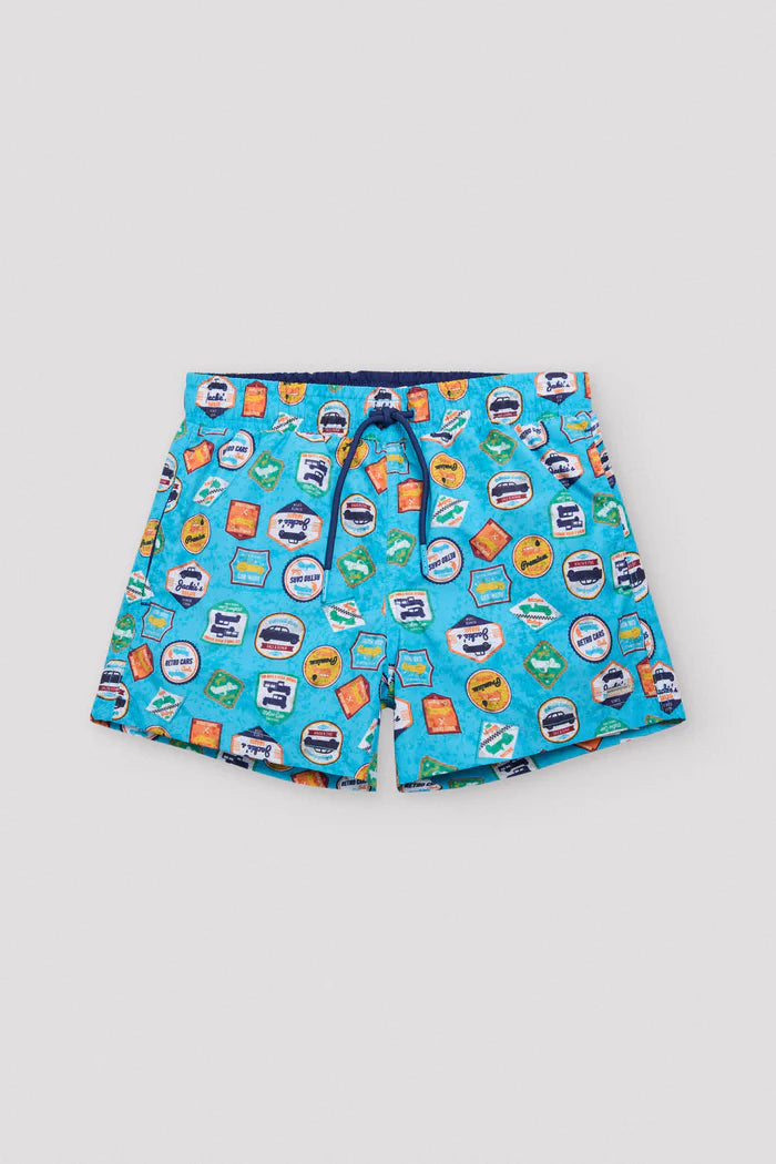 Boys' short swim trunks with retro car print