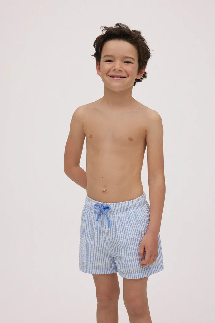 Textured blue striped boys short swim trunks