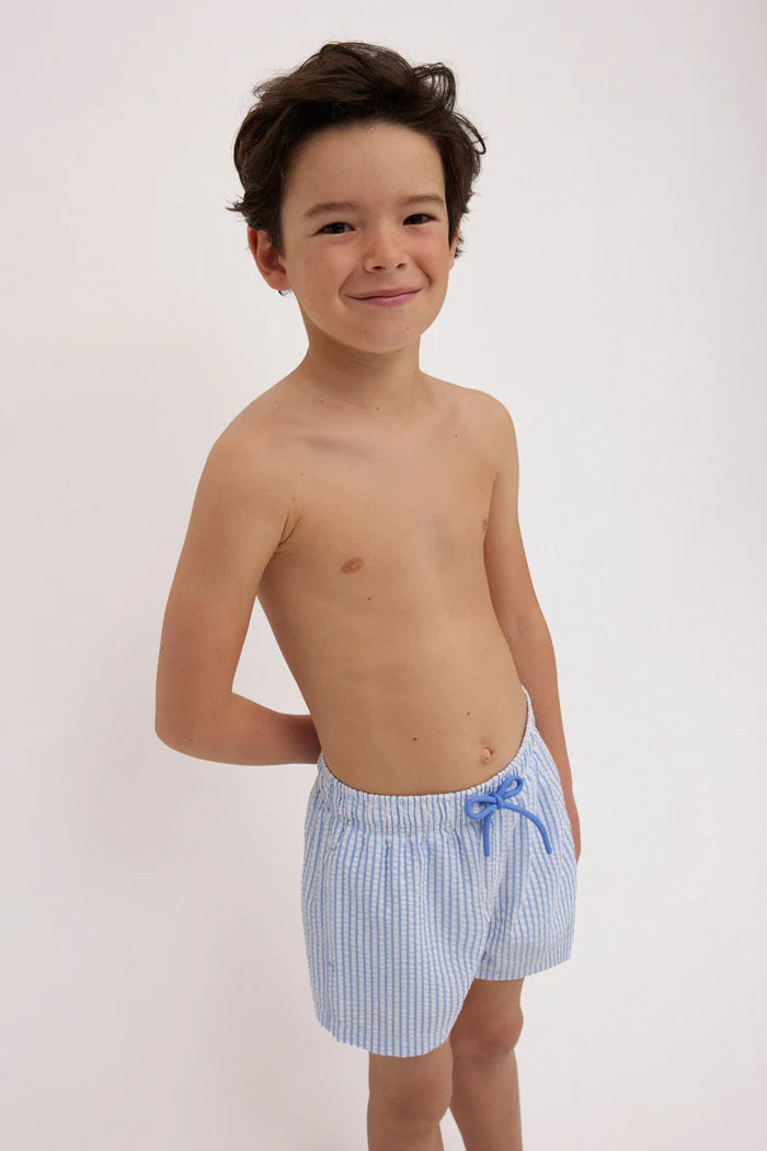 Textured blue striped boys short swim trunks