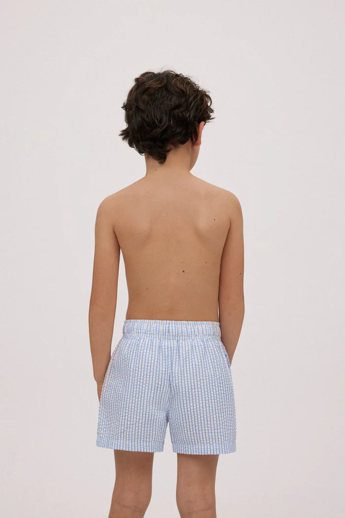 Textured blue striped boys short swim trunks