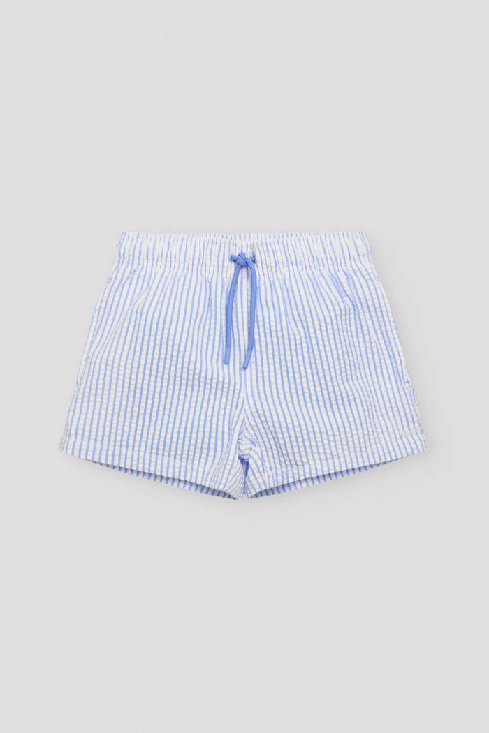 Textured blue striped boys short swim trunks