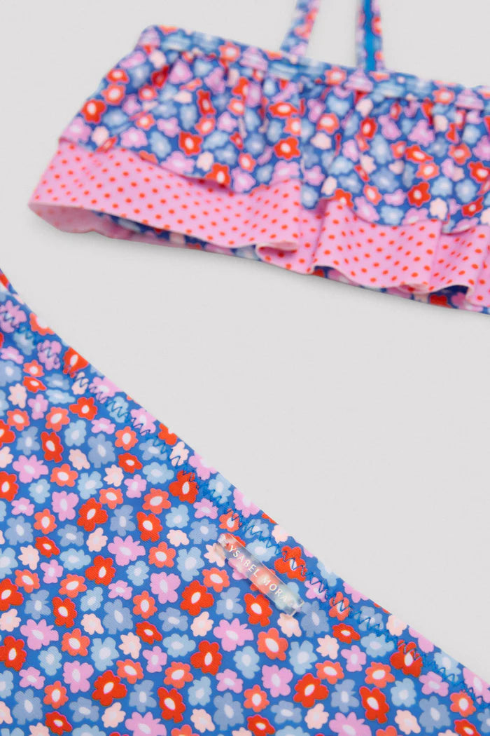 Conjunto de biquíni de menina assimétrico com pequenos babados de flores