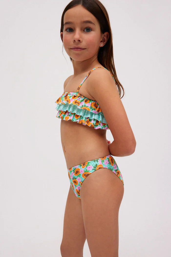 Conjunto de biquíni feminino com babados e estampa de mamão