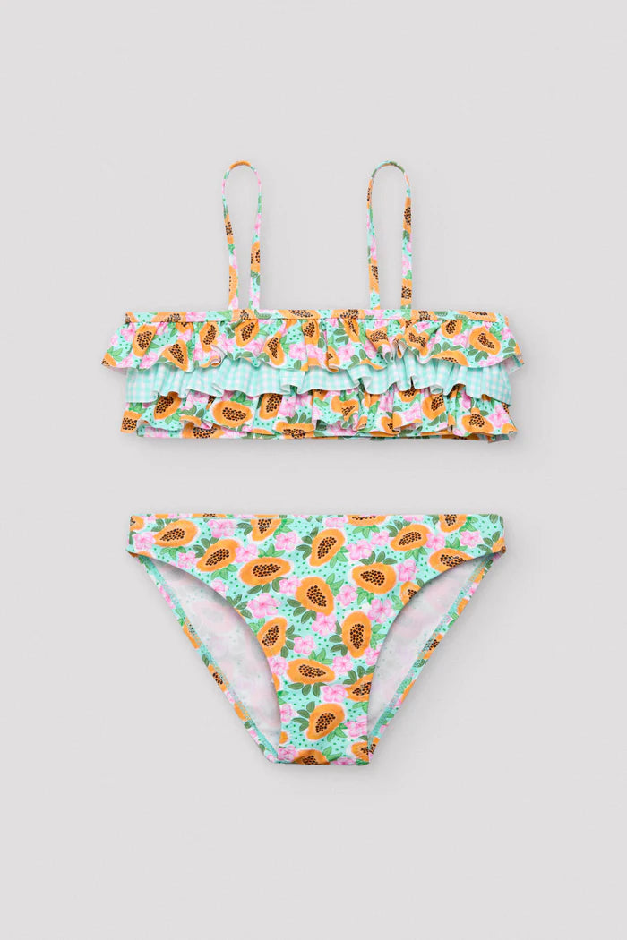 Conjunto de biquíni feminino com babados e estampa de mamão