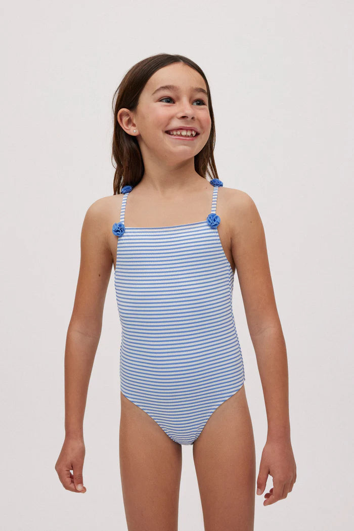 Fato de banho de menina com estampado e textura às riscas azuis