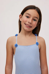 Fato de banho de menina com estampado e textura às riscas azuis