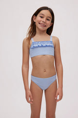 Conjunto de biquíni de menina com estampa e textura de listras azuis