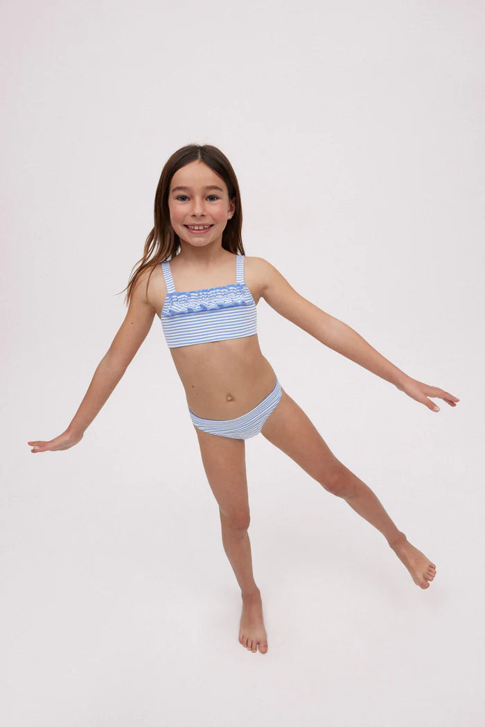 Conjunto de biquíni de menina com estampa e textura de listras azuis