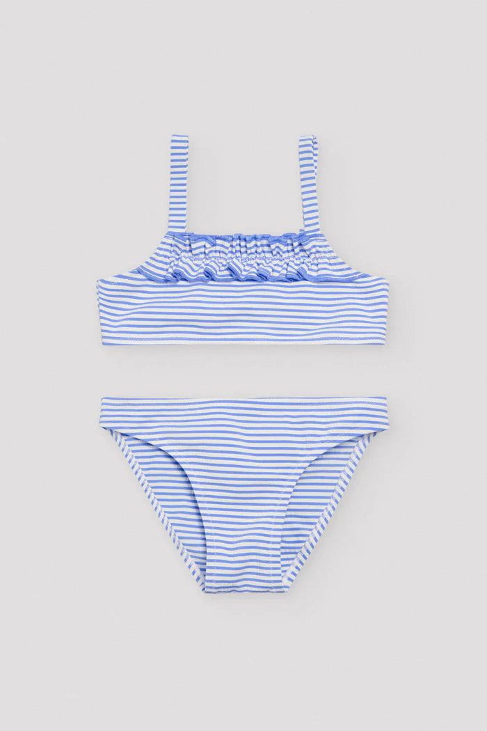 Conjunto de biquíni de menina com estampa e textura de listras azuis