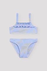 Conjunto de biquíni de menina com estampa e textura de listras azuis