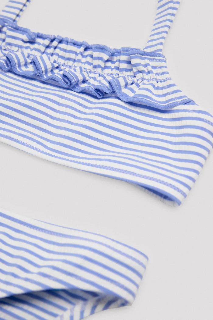 Conjunto de biquíni de menina com estampa e textura de listras azuis